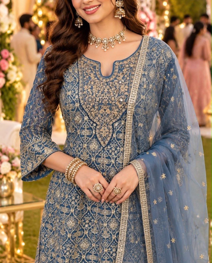 BLUE - Georgette Blue Wedding Wear Embroidery Work Readymade Anarkali Suit